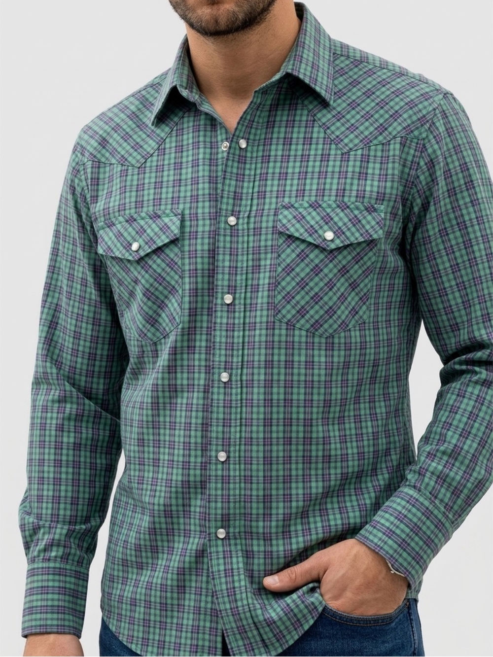 Wrangler Vintage Button Down Shirt Mens Medium Green Plaid Pearl Snap Western